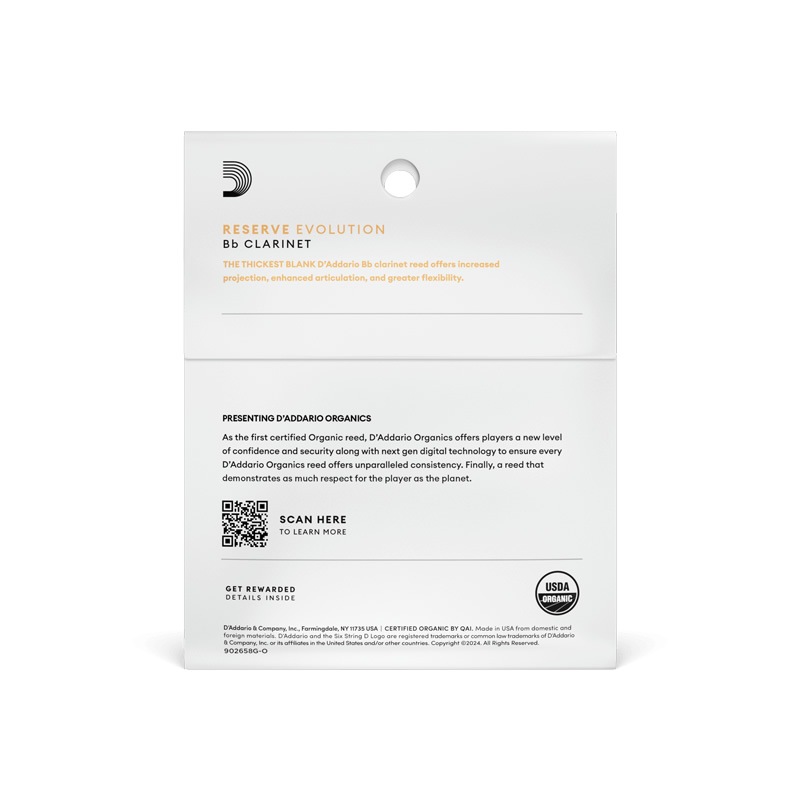 D'Addario WoodWinds ダダリオ リード B♭クラリネット用 USDAオーガニック認証取得済 RESERVE ODCE03 3枚入り【ODCE0320 / ODCE0325 / ODCE0330 / ODCE0335】【ゆうパケット対応】