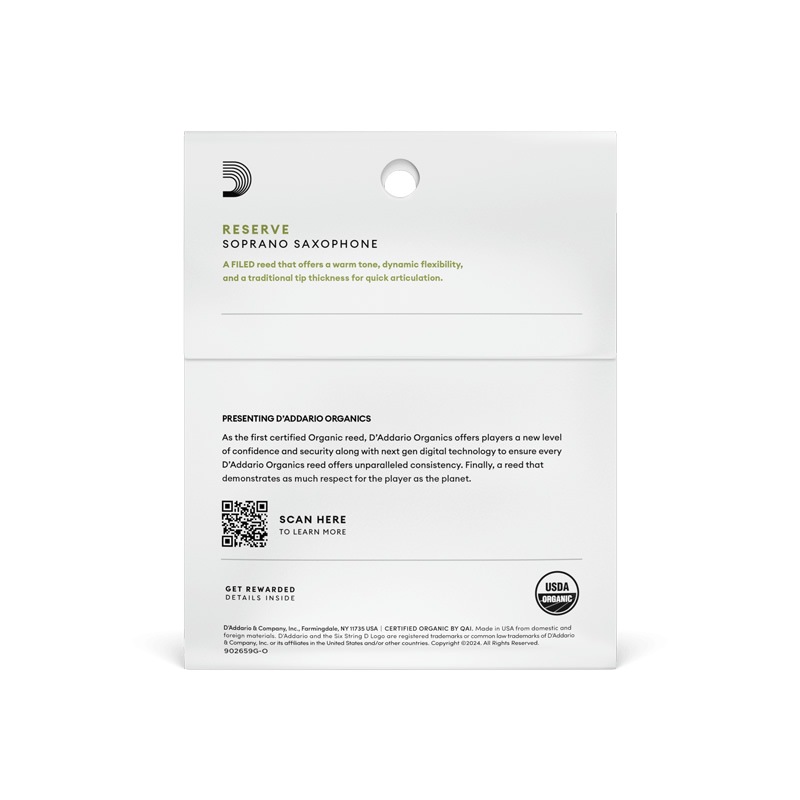 D'Addario WoodWinds ダダリオ リード ソプラノサックス用 USDAオーガニック認証取得済 RESERVE ODIR03 3枚入り【ODIR0325 / ODIR0330 / ODIR03305】【ゆうパケット対応】