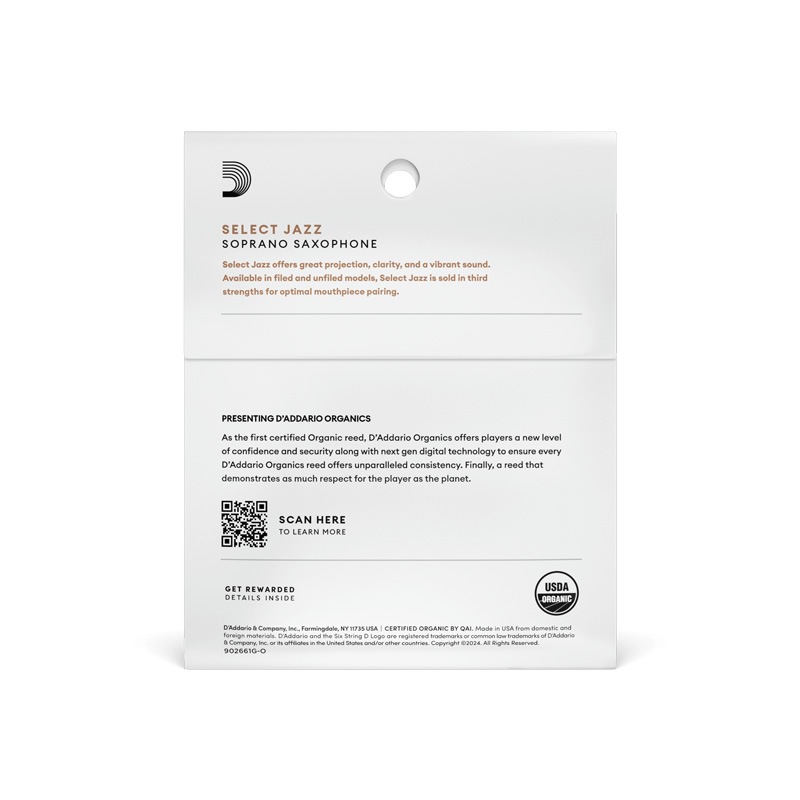 ダダリオ リード ソプラノサックス用 USDAオーガニック認証取得済 SELECT JAZZ UNFILED ORRS03SSX 3枚入り【ORRS03SSX2S/ORRS03SSX2M/ORRS03SSX2H/ORRS03SSX3S】【ゆうパケット対応】