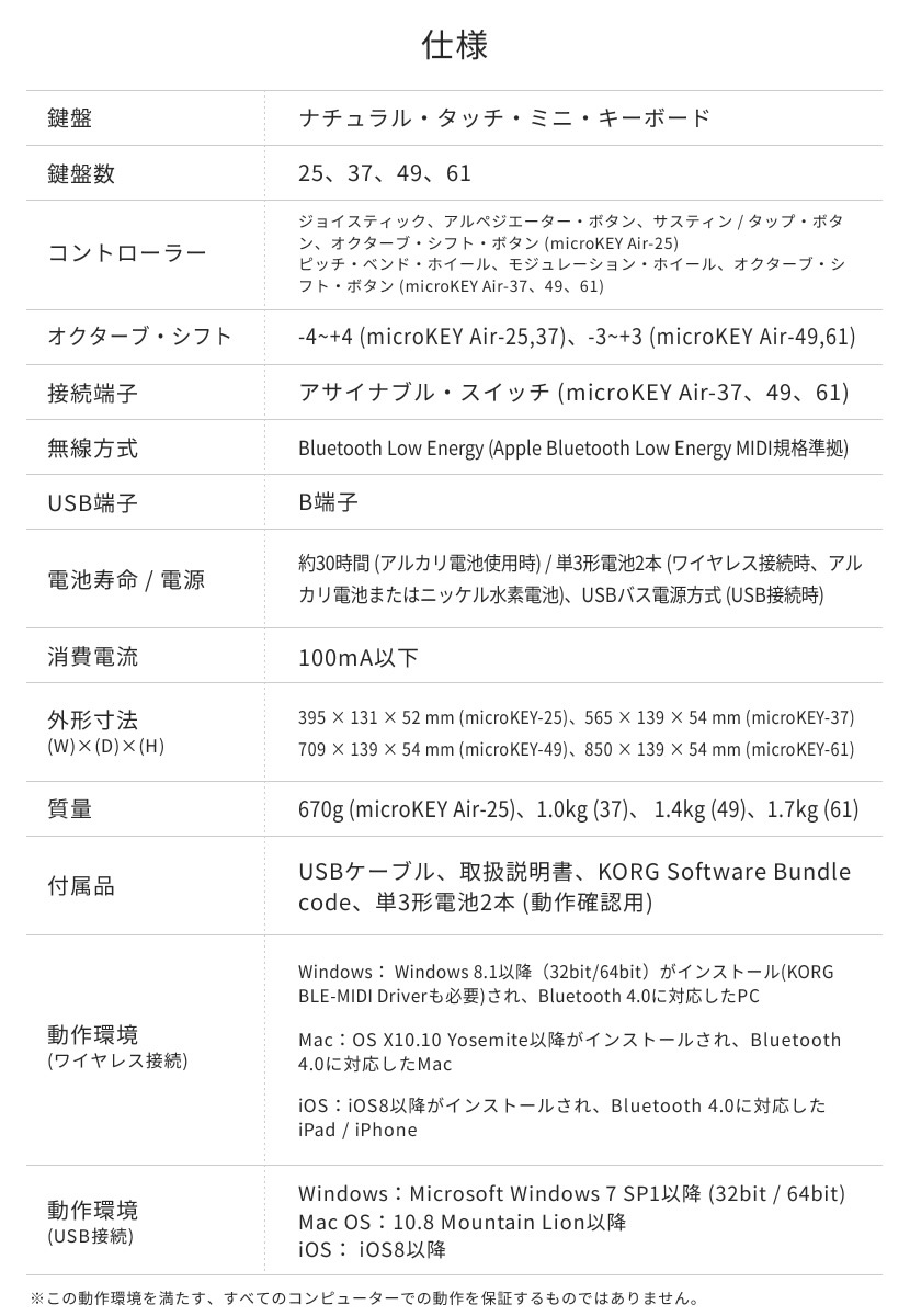 KORG ワイヤレス接続対応 MIDIキーボード microKEY2 Air-61 [61鍵モデル/Bluetooth接続]【第二世代 コルグ マイクロキー 音楽制作 DTM 電池駆動 USBバスパワー駆動】