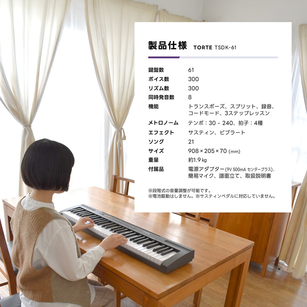 61鍵盤 キーボード 超軽量 スリム設計 (イス・スタンド・ヘッドフォン・クロスセット) TORTE TSDK-61【 61鍵盤 トルテ ピアノ 軽量 電子 デジタル TSDK61】【大型荷物】