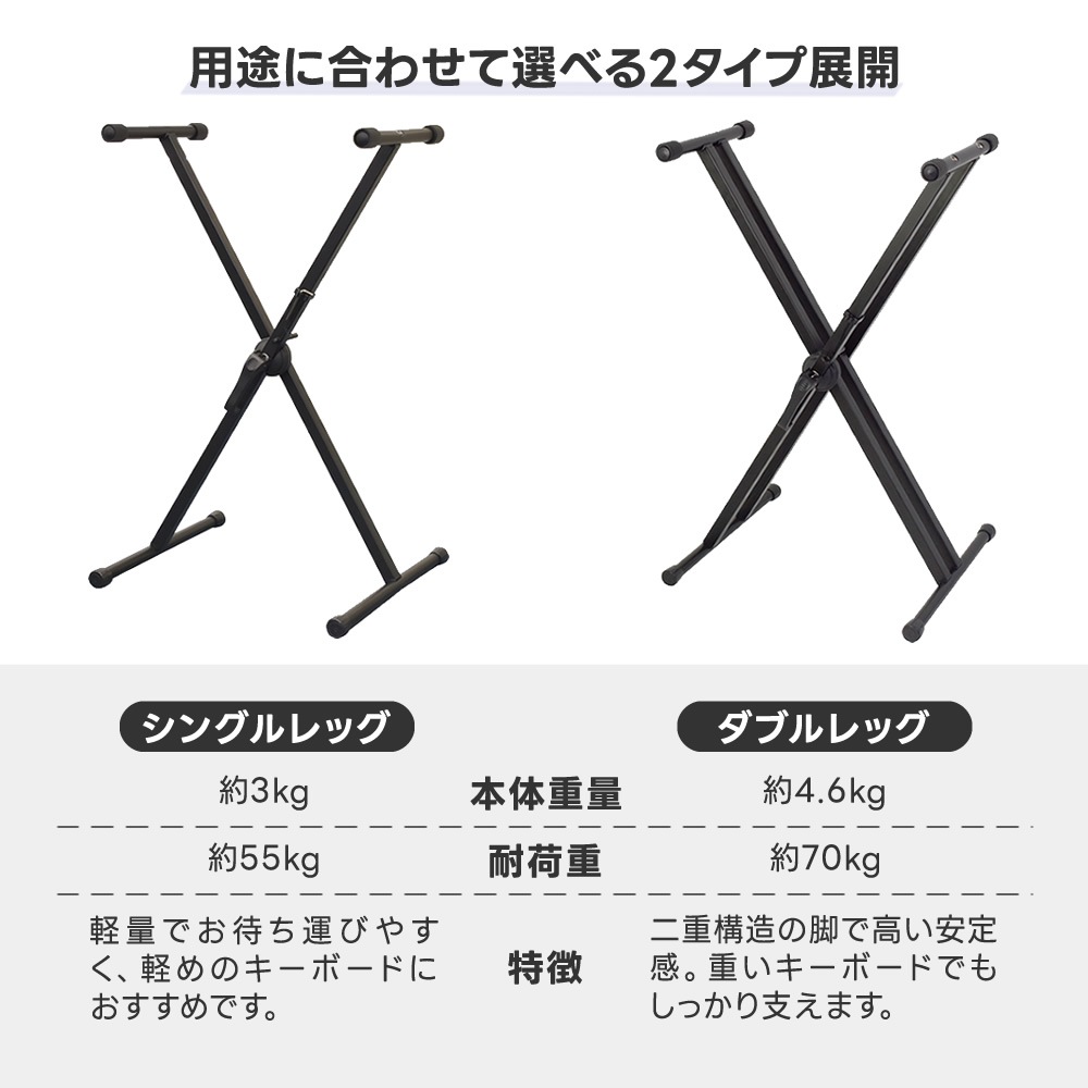 X型キーボードスタンド KYBS-S / KYBS-D 【シングルレッグ or ダブルレッグ】【無段階高さ調節 簡単組み立て 安全ロック機構 キーボード 電子ピアノ ピアノスタンド 楽器 スタンド キーボード台 KYBSS KYBSD】