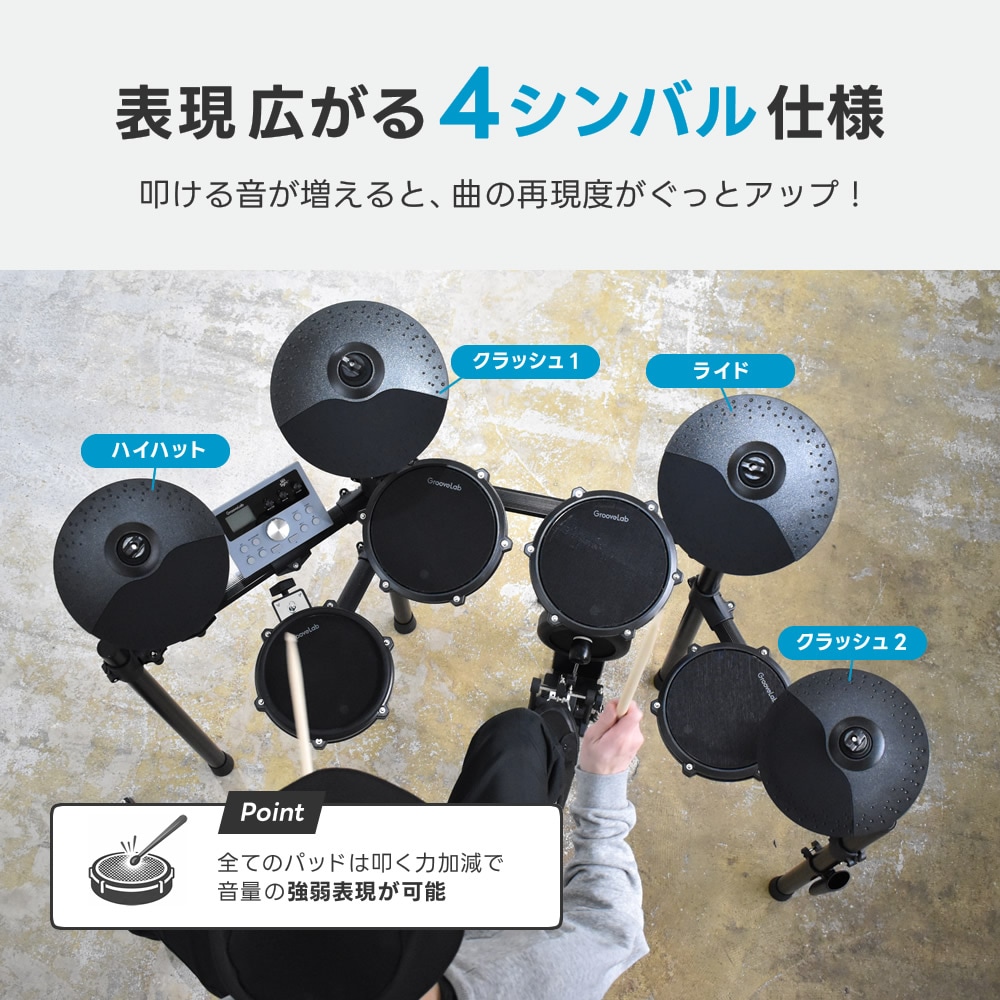 電子ドラム 基本セット メッシュパッド 4シンバル 仕様 GrooveLab HitSync Plus GLHS-05 イス、ヘッドフォン、電子ドラム【折りたたみ 防音 静音 初心者 入門 コンパクト メッシュ デジタル ドラム GLHS05】