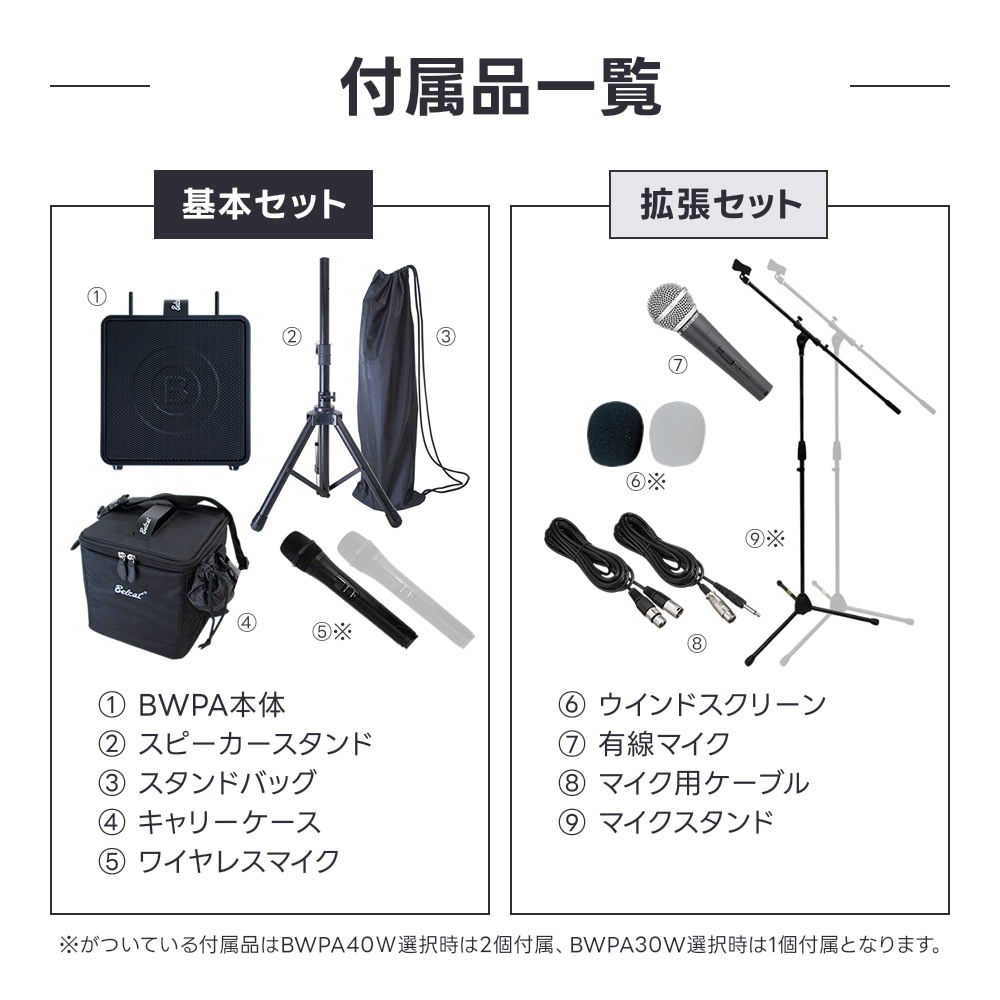 ポータブルPAアンプ ワイヤレスマイク2本付き  Belcat BWPA-40W 基本セット  [Bluetooth対応]【BWPA40 PAセット スピーカー 結婚式 講演 演説 ライブ カラオケ イベント 野外】