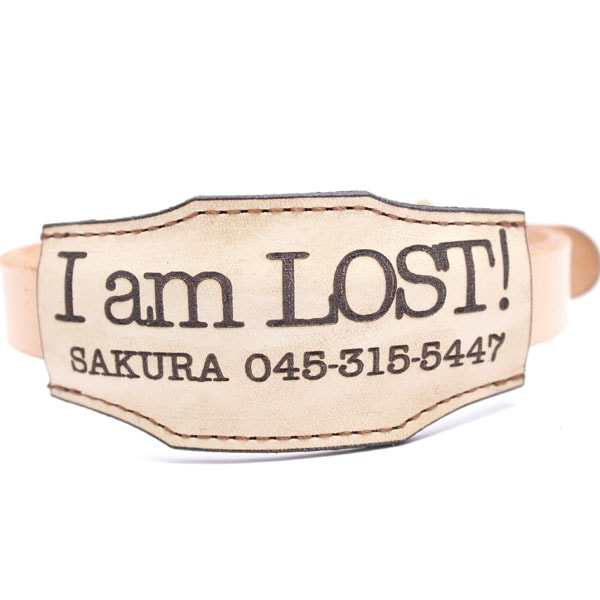 おなまえ首輪　名前電話番号レーザー彫刻　本ヌメ革/本革　手仕上げ　　真鍮金具 I am Lost　パッド首輪(小型犬・中型犬)　A88889 (S～Lサイズ　3-11kg)