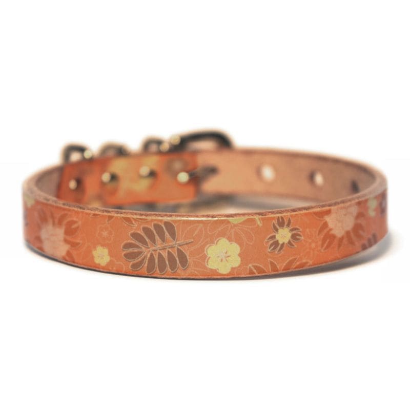 Framer 犬用首輪 本革・ヌメ革 テラコッタ色の花と葉 真鍮金具 #23031
