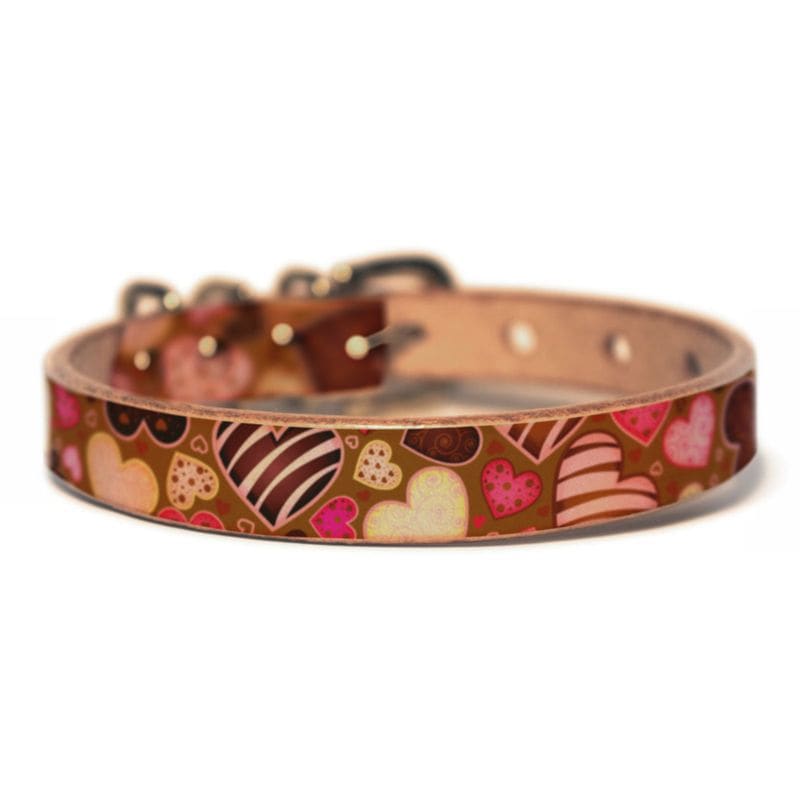 Framer 犬用首輪 本革・ヌメ革 ピンクとクリームのハート柄 ブラウン 真鍮金具 #23058