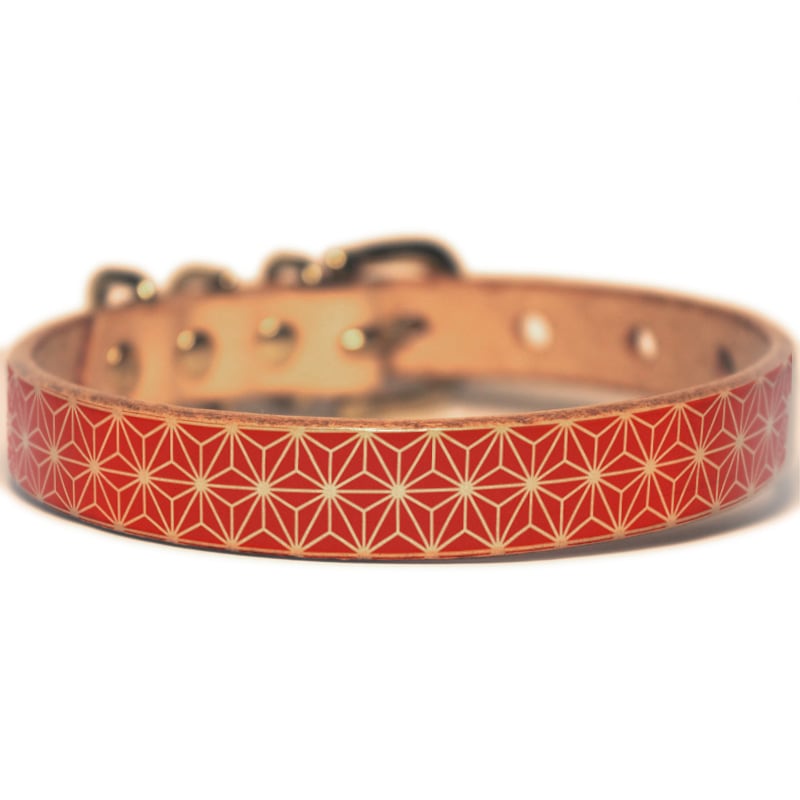 Framer アートなグラフィック本革首輪　紅色麻柄　真鍮無垢金具 サイズSS～L ベルト幅16mm #23410