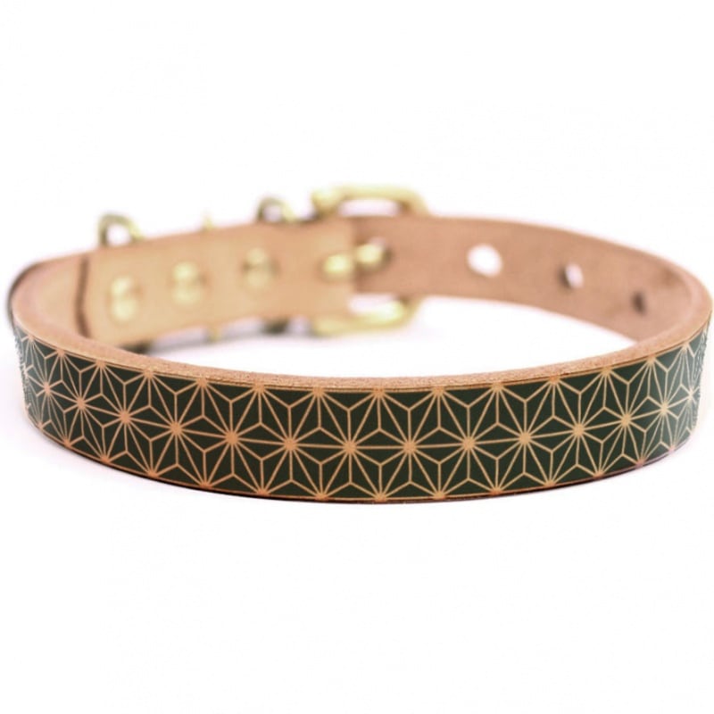 Framer アートなグラフィック本革首輪 紺色麻柄　真鍮無垢金具 サイズSS～L ベルト幅16mm #23411