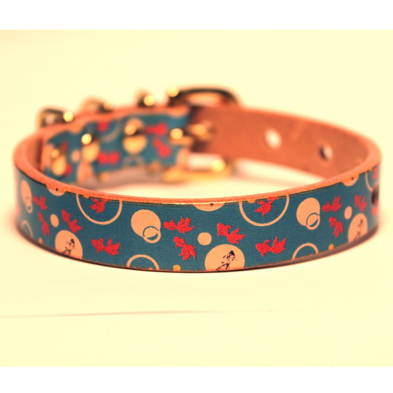 Framer アートなグラフィック本革首輪 金魚和柄 真鍮無垢金具 サイズSS～L ベルト幅16mm #23422