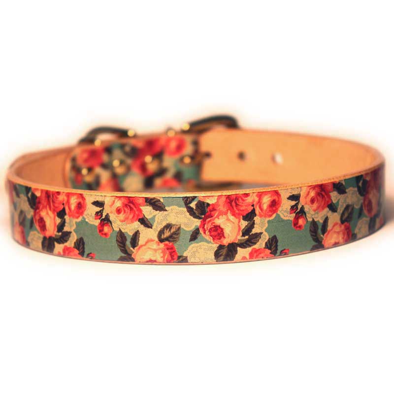 Framer アートなグラフィック本革首輪 ローズ バラ 花柄　超小型～大型犬まで 真鍮無垢金具 #23369