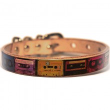 Framer アートなグラフィック本革首輪　真鍮無垢金具 サイズSSS～LL ベルト幅16mm/12mm/24mm　カセットテープ柄　#23449