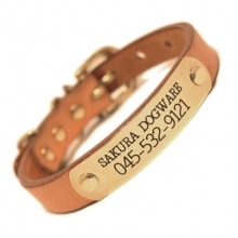 迷子札付首輪　おなまえ首輪　真鍮彫刻プレート付　本ヌメ革/本革　手仕上げ　　真鍮金具　首輪(小型犬・中型犬)　A88890 (SS～Lサイズ　3-14kg)