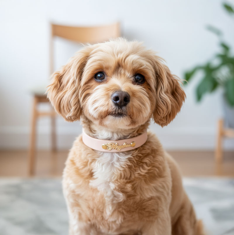 プチサイズの立体彫刻ネームプレート付首輪　おなまえ首輪　本ヌメ革/本革　手仕上げ　真鍮金具　首輪(小型犬・中型犬)　A1005