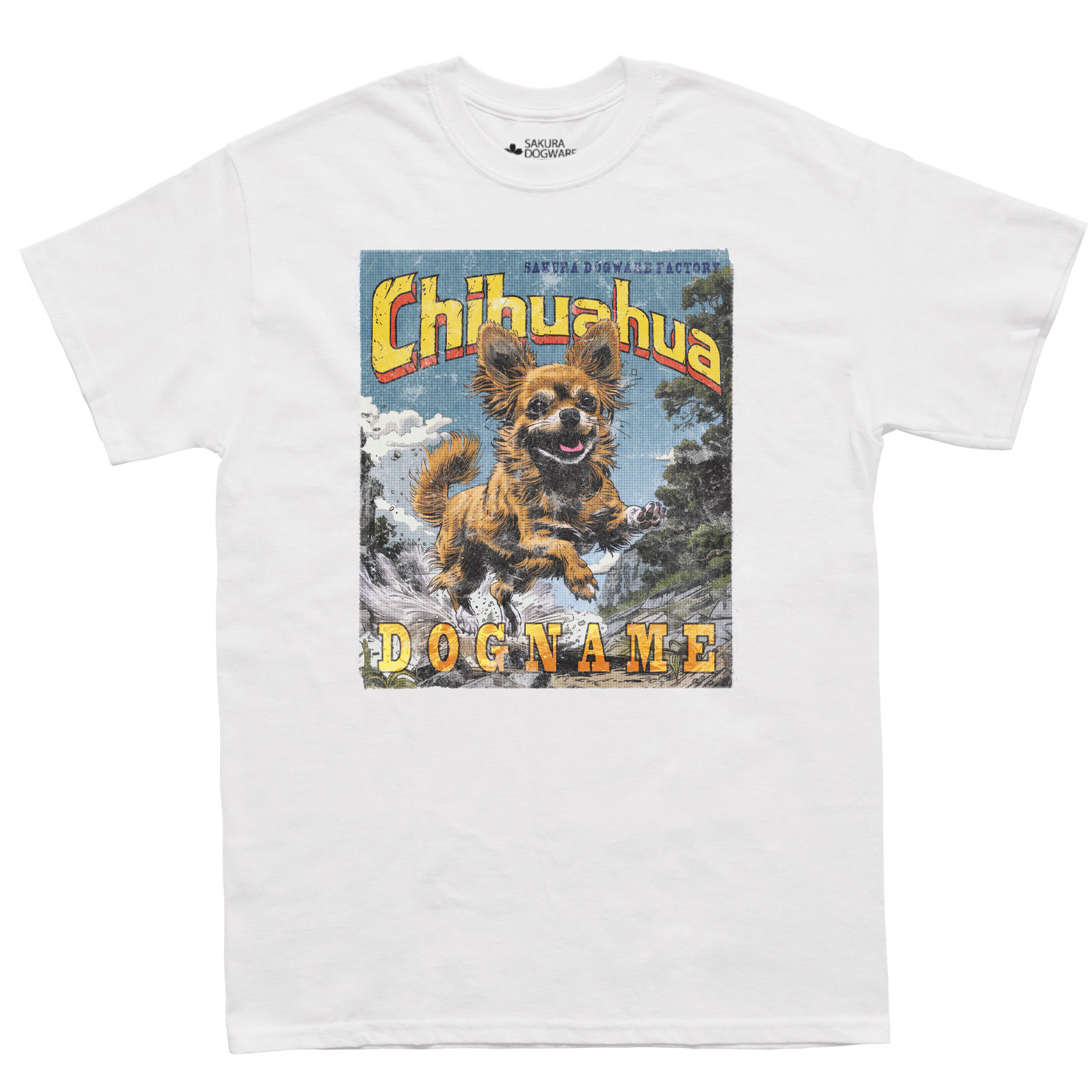 SAKURA DOGWARE FACTORY 名入れ　ユニセックス　Tシャツ　アメコミ風ヴィンテージプリント　チワワ　6143