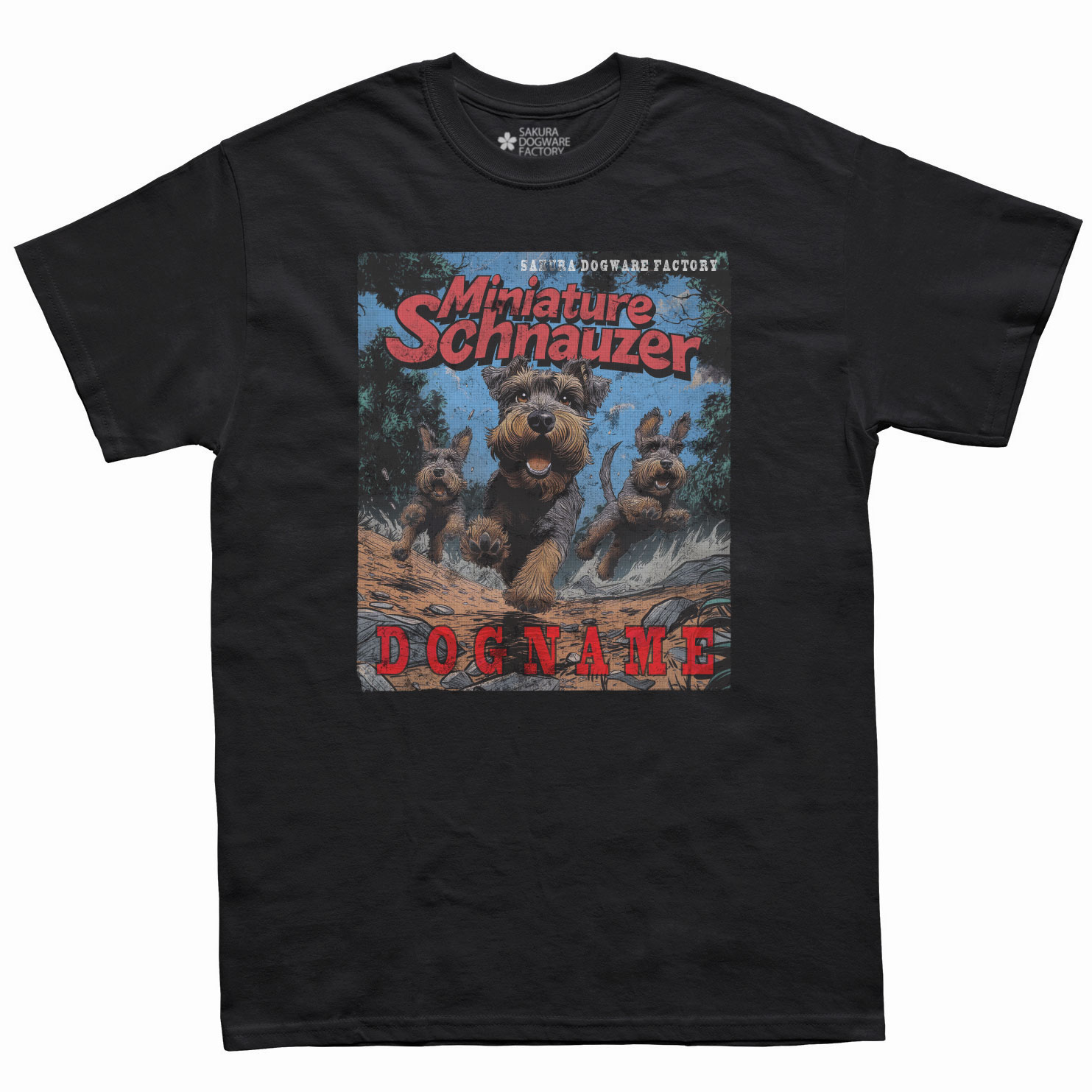 SAKURA DOGWARE FACTORY 名入れ　ユニセックス　Tシャツ　アメコミ風ヴィンテージプリント　ミニチュアシュナウザー　6144