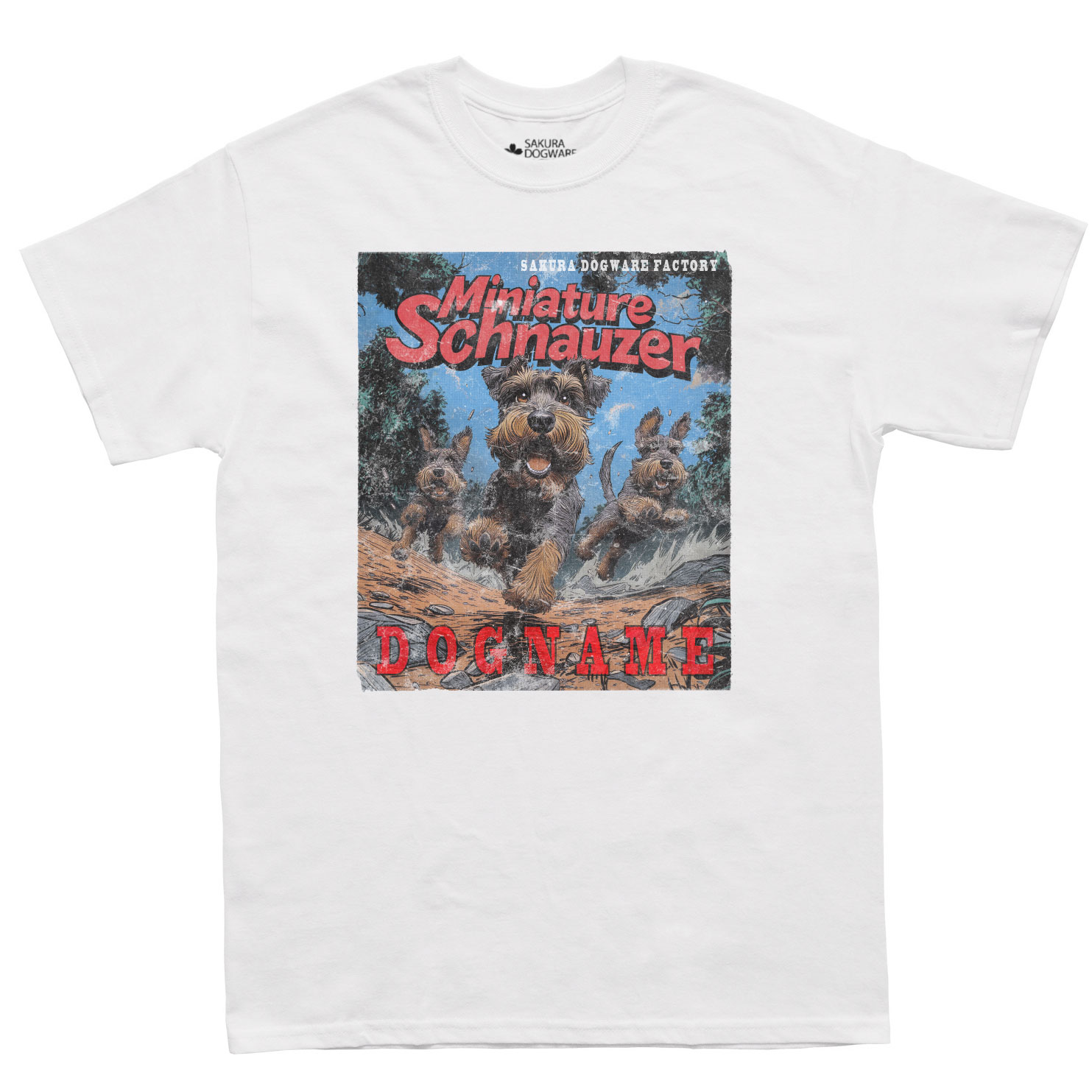 SAKURA DOGWARE FACTORY 名入れ　ユニセックス　Tシャツ　アメコミ風ヴィンテージプリント　ミニチュアシュナウザー　6144
