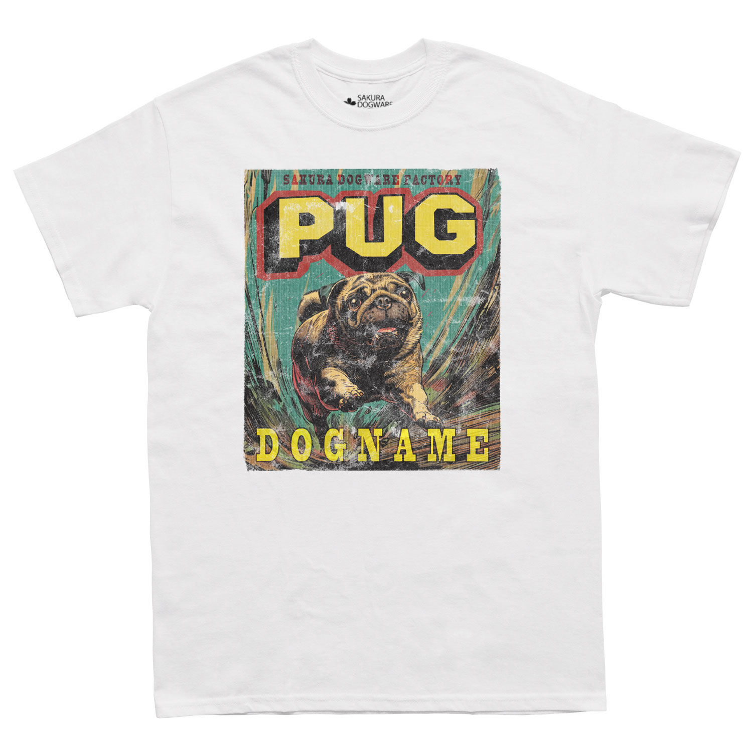 SAKURA DOGWARE FACTORY 名入れ　ユニセックス　Tシャツ　アメコミ風ヴィンテージプリント　パグ　6145