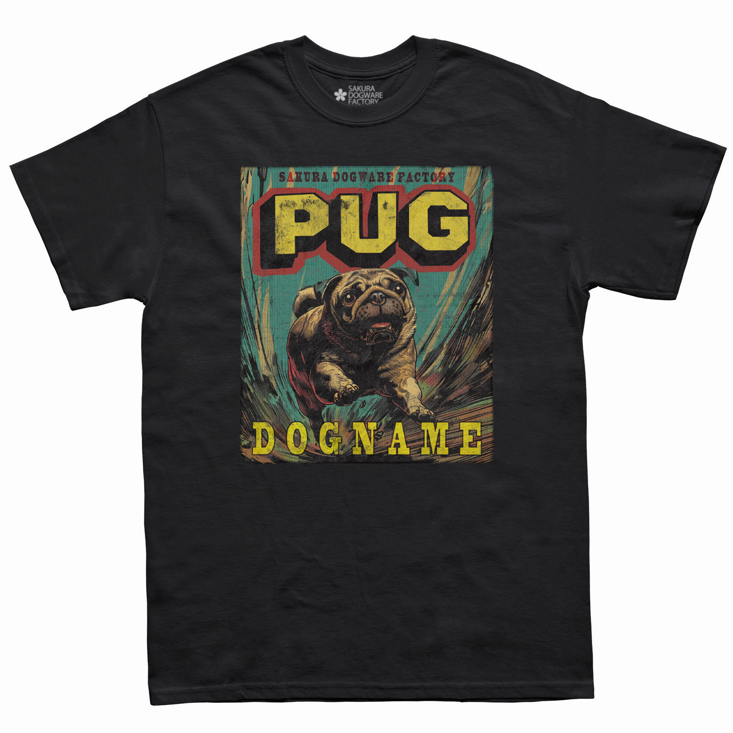 SAKURA DOGWARE FACTORY 名入れ　ユニセックス　Tシャツ　アメコミ風ヴィンテージプリント　パグ　6145