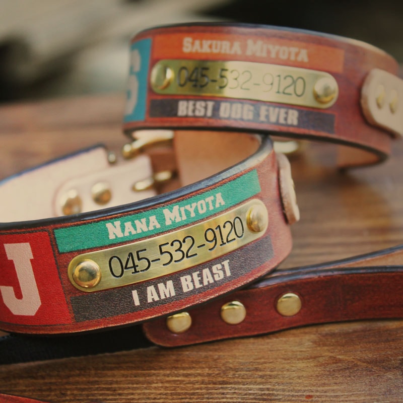 おなまえ首輪　名入れ・電話番号　真鍮彫刻プレート&木目グラフィックプリント　本革首輪　真鍮無垢金具 サイズSS～L ベルト幅30mm #33001-3