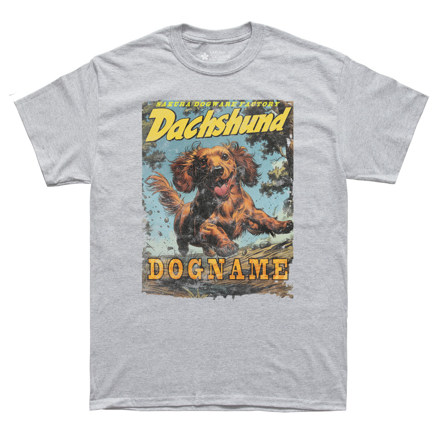 SAKURA DOGWARE FACTORY 名入れ　ユニセックス　Tシャツ　アメコミ風ヴィンテージプリント　ダックスフンド　6147