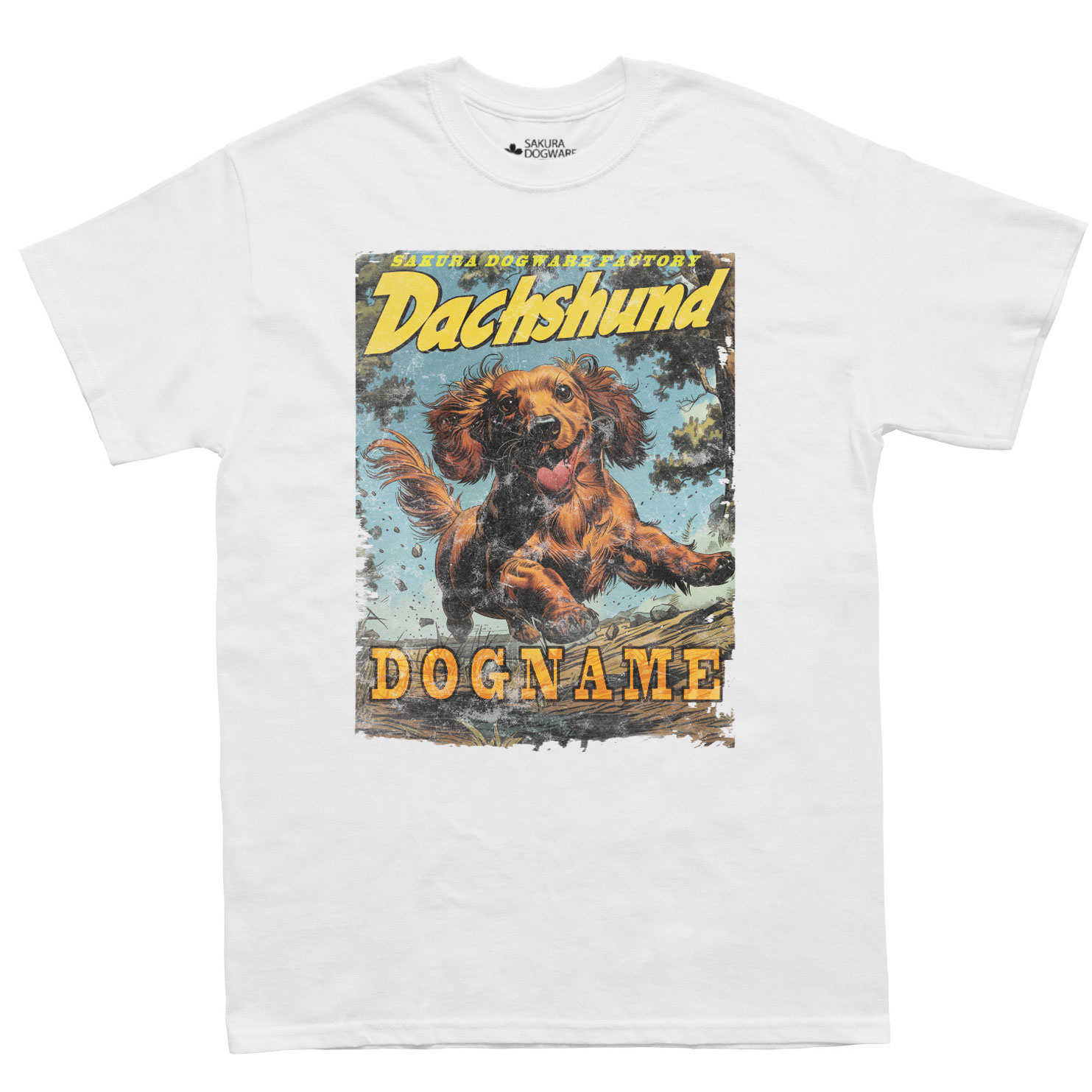 SAKURA DOGWARE FACTORY 名入れ　ユニセックス　Tシャツ　アメコミ風ヴィンテージプリント　ダックスフンド　6147