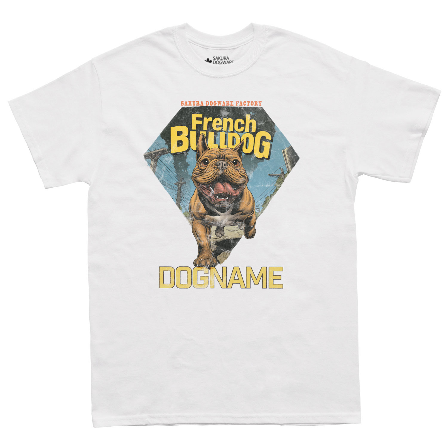 SAKURA DOGWARE FACTORY 名入れ　ユニセックス　Tシャツ　アメコミ風ヴィンテージプリント フレブル　6149