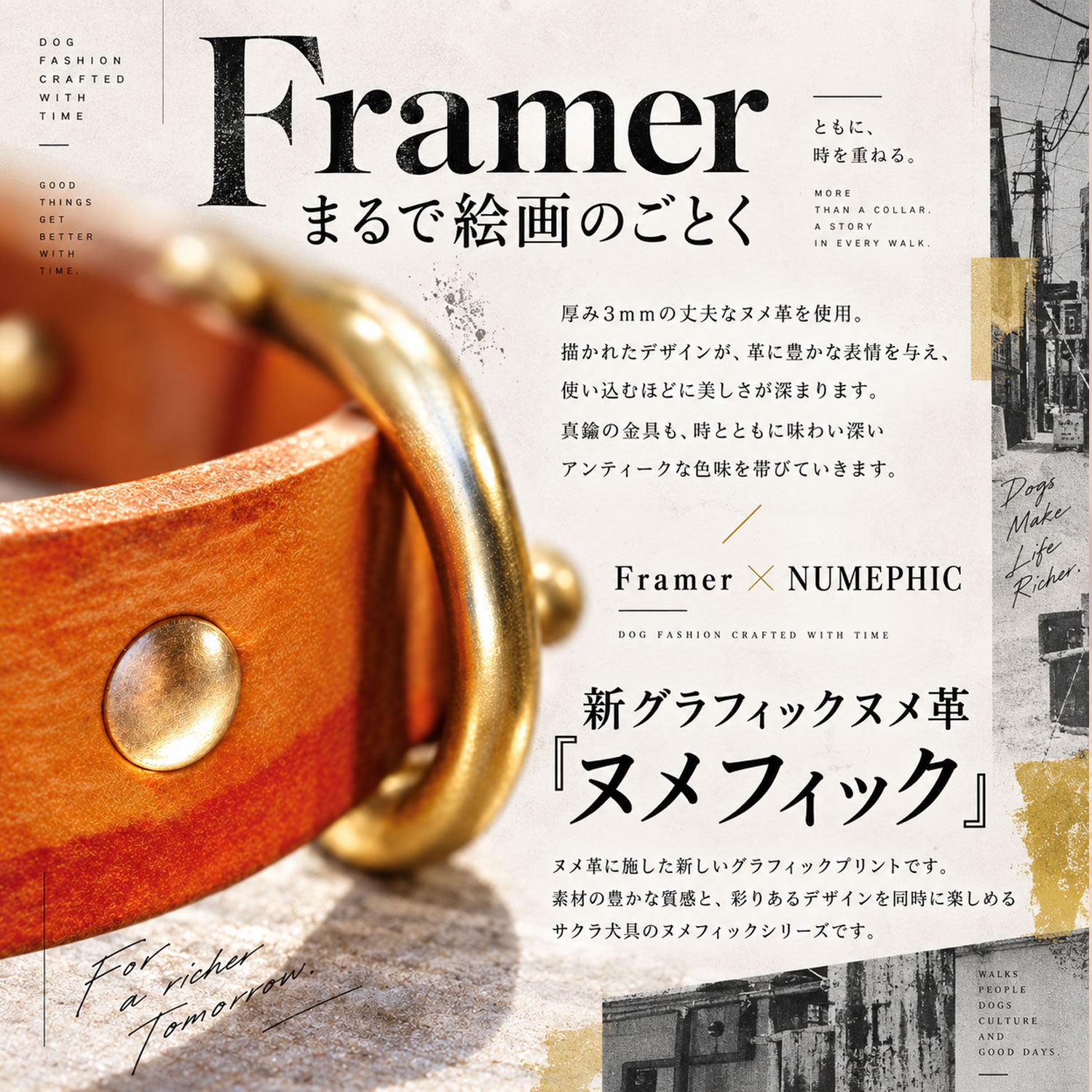 Framer 犬用首輪 本革・ヌメ革 真鍮金具 深緑・朱赤・黒の三色ボーダー #23437
