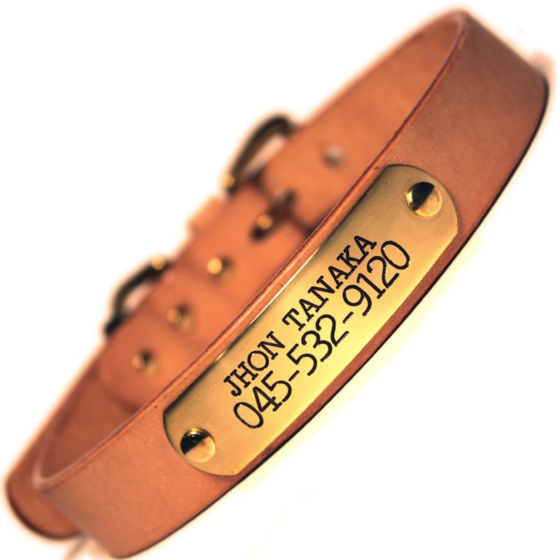 中・大型犬用　迷子札付首輪　おなまえ首輪　真鍮彫刻プレート付　本ヌメ革/本革　手仕上げ　　真鍮金具　首輪　24mm幅/20mm幅　A88890 -24/20