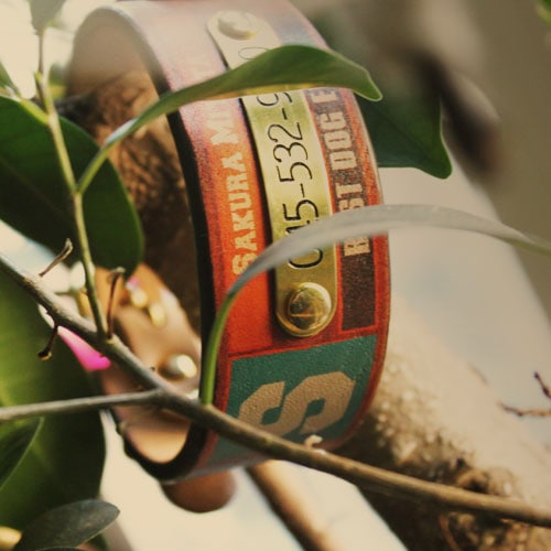 おなまえ首輪　名入れ・電話番号　真鍮彫刻プレート&木目グラフィックプリント　本革首輪　真鍮無垢金具 サイズSS～L ベルト幅30mm #33001-3