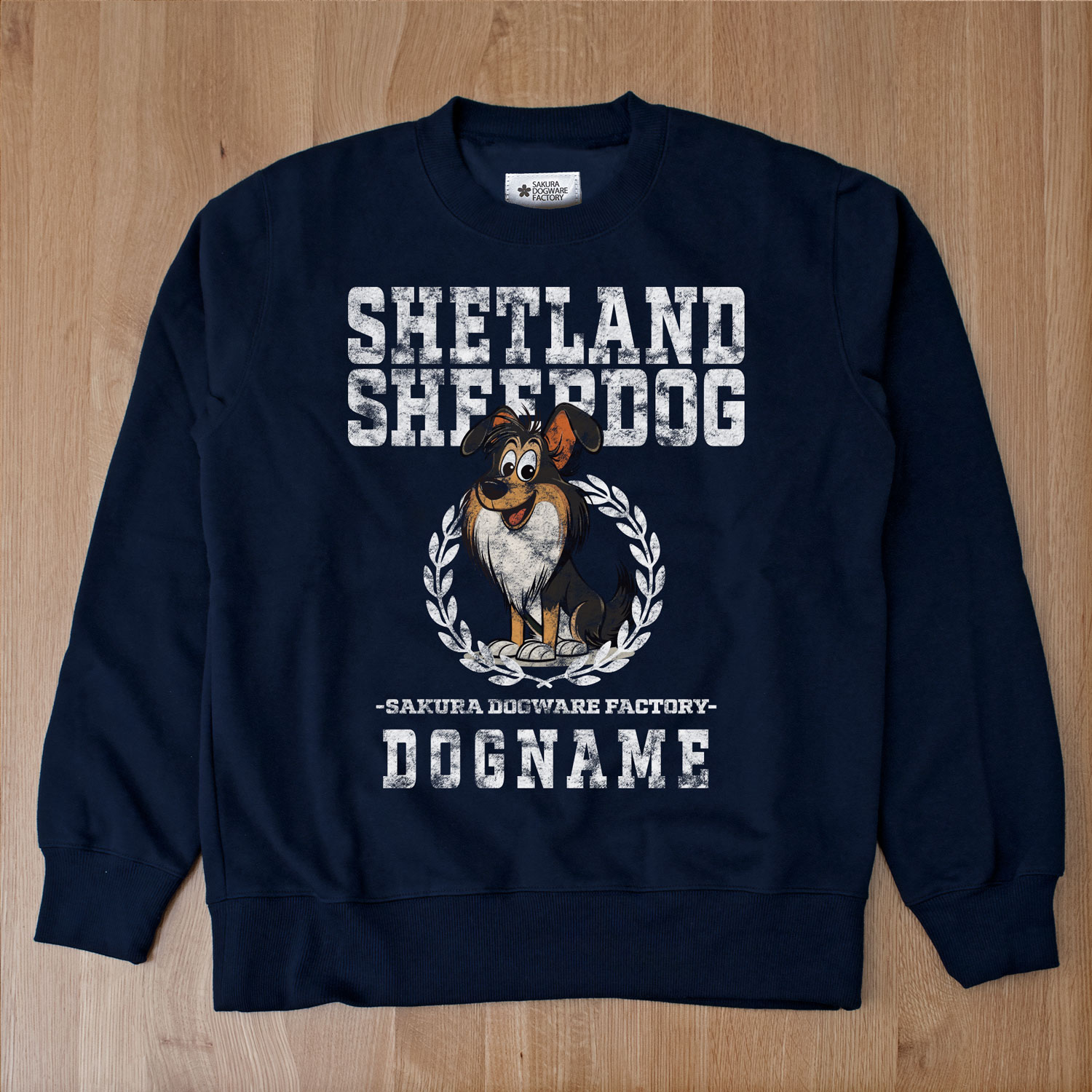 SAKURA DOGWARE FACTORY 名入れ　ユニセックス　クルーネックスウェット　ヴィンテージプリント　シェルティー　シェトランドシープドッグ　8070