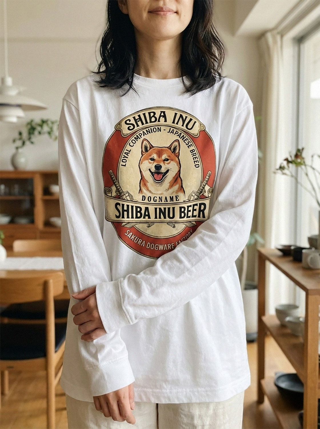 SAKURA DOGWARE FACTORY 名入れ　ユニセックス　ロンT　レトロ　柴犬　SHIBA INU BEER　　9073
