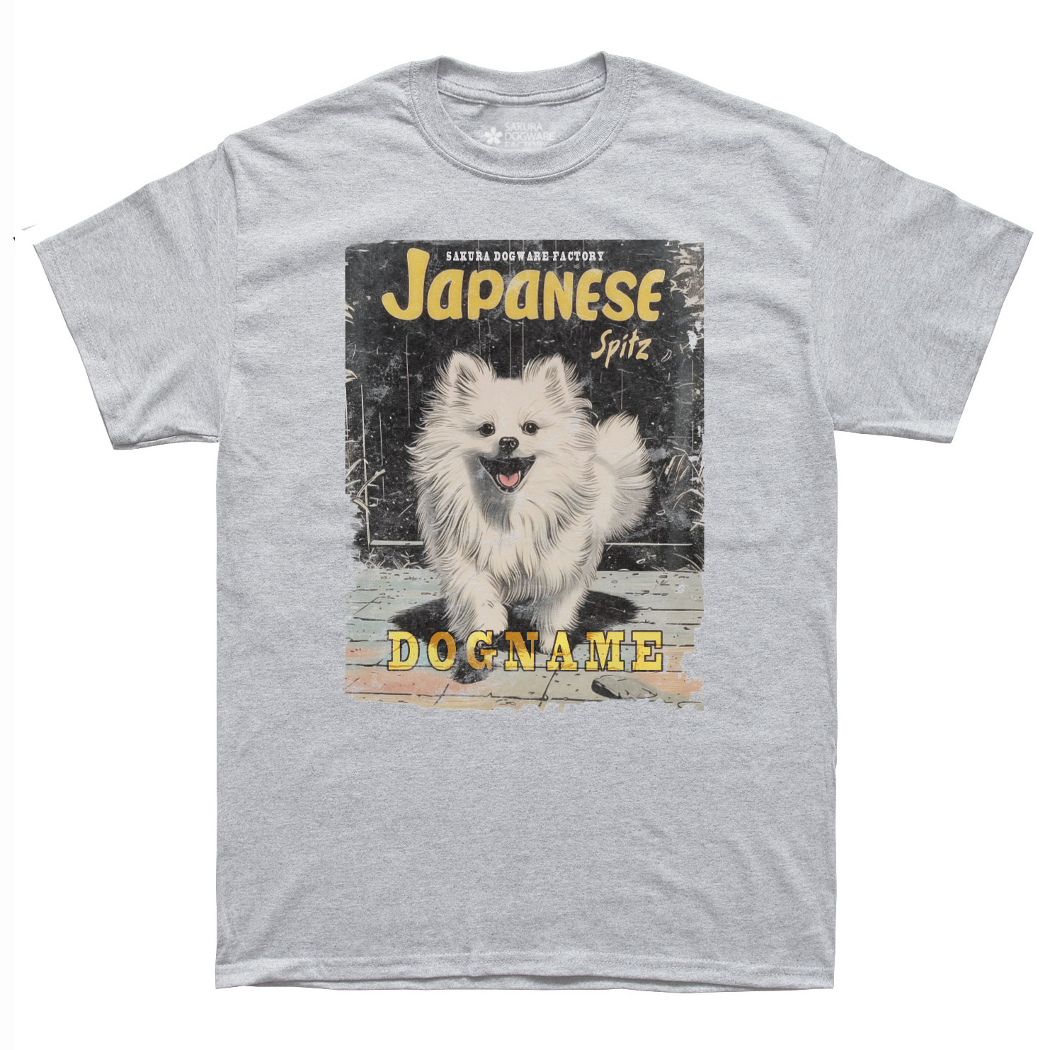 SAKURA DOGWARE FACTORY 名入れ　ユニセックス　Tシャツ　アメコミ風ヴィンテージプリント 日本スピッツ　6152