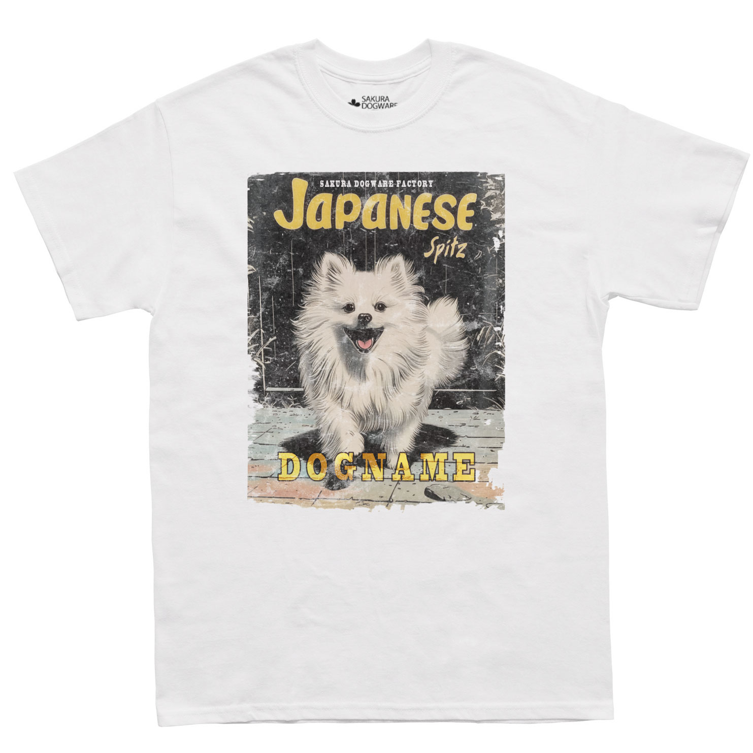 SAKURA DOGWARE FACTORY 名入れ　ユニセックス　Tシャツ　アメコミ風ヴィンテージプリント 日本スピッツ　6152