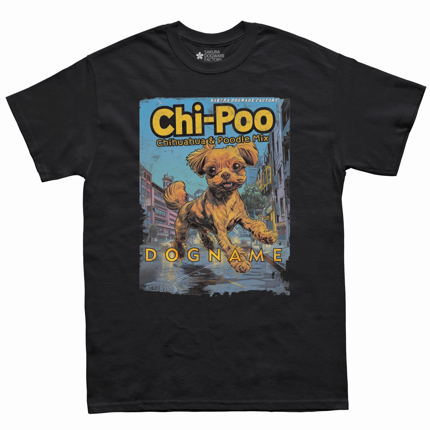 SAKURA DOGWARE FACTORY 名入れ　ユニセックス　Tシャツ　アメコミ風ヴィンテージプリント チワプー(チワワ&プードルMIX)　6153