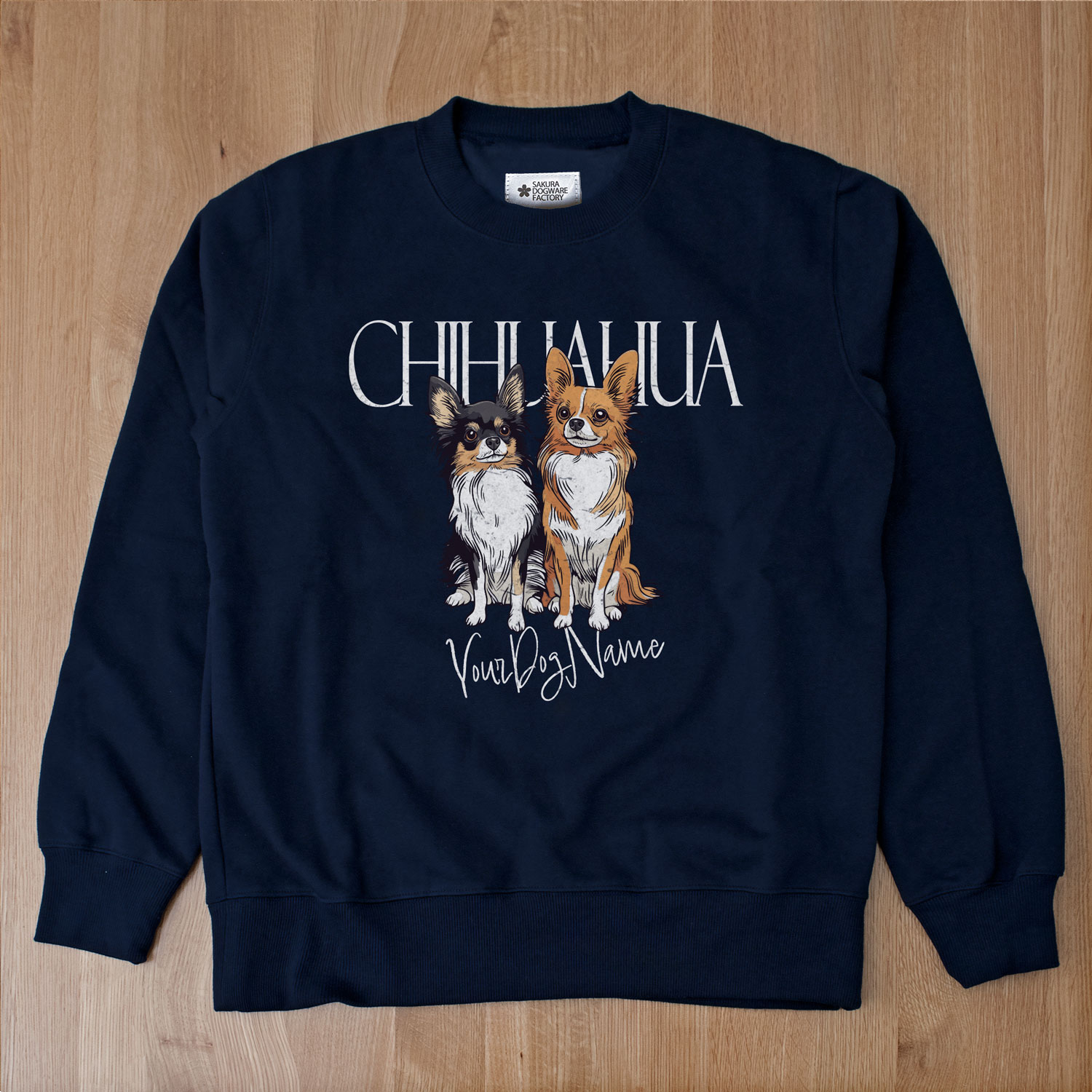 SAKURA DOGWARE FACTORY 名入れ　ユニセックス　クルーネックスウェット　ヴィンテージプリント　シェルティー　チワワ　8074