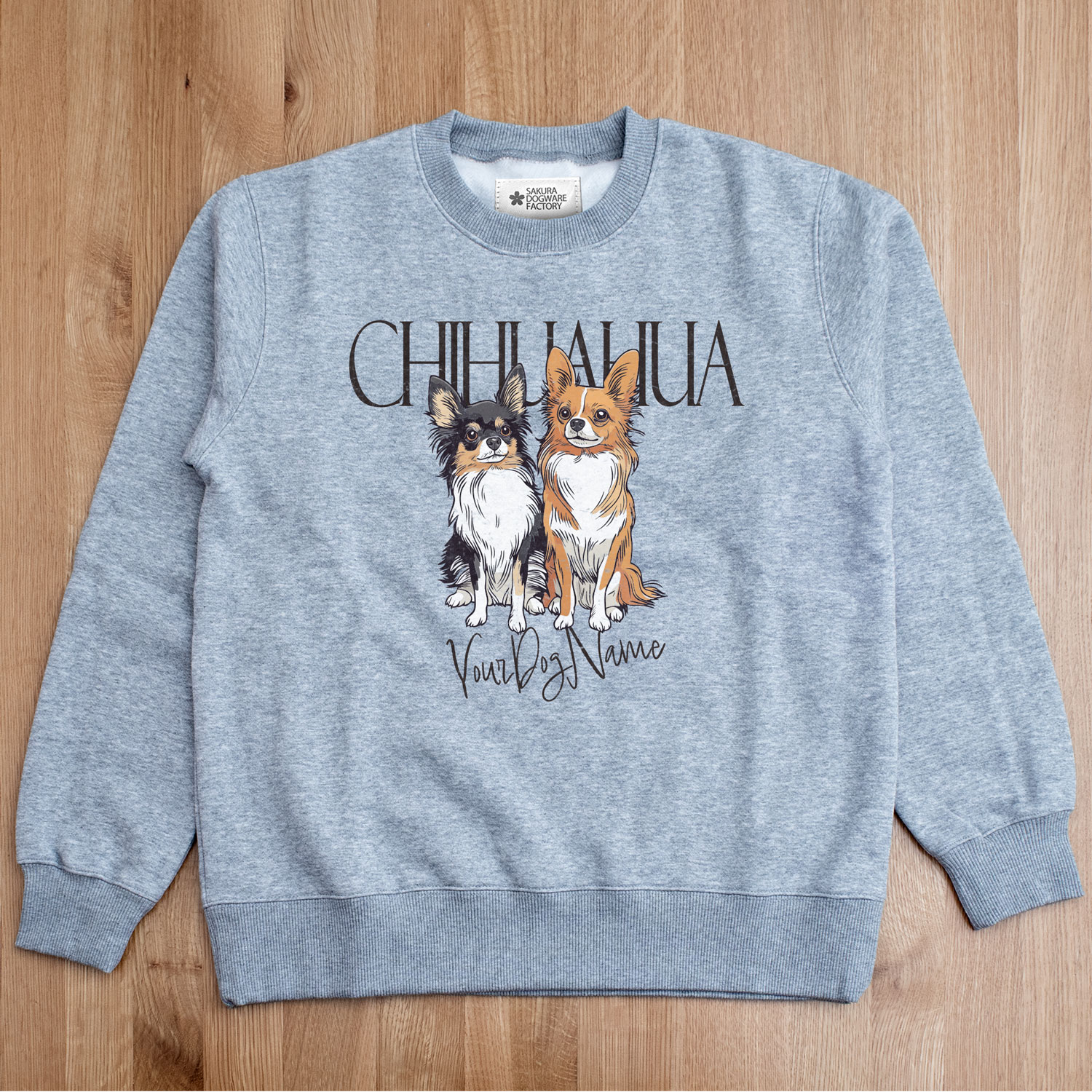 SAKURA DOGWARE FACTORY 名入れ　ユニセックス　クルーネックスウェット　ヴィンテージプリント　シェルティー　チワワ　8074