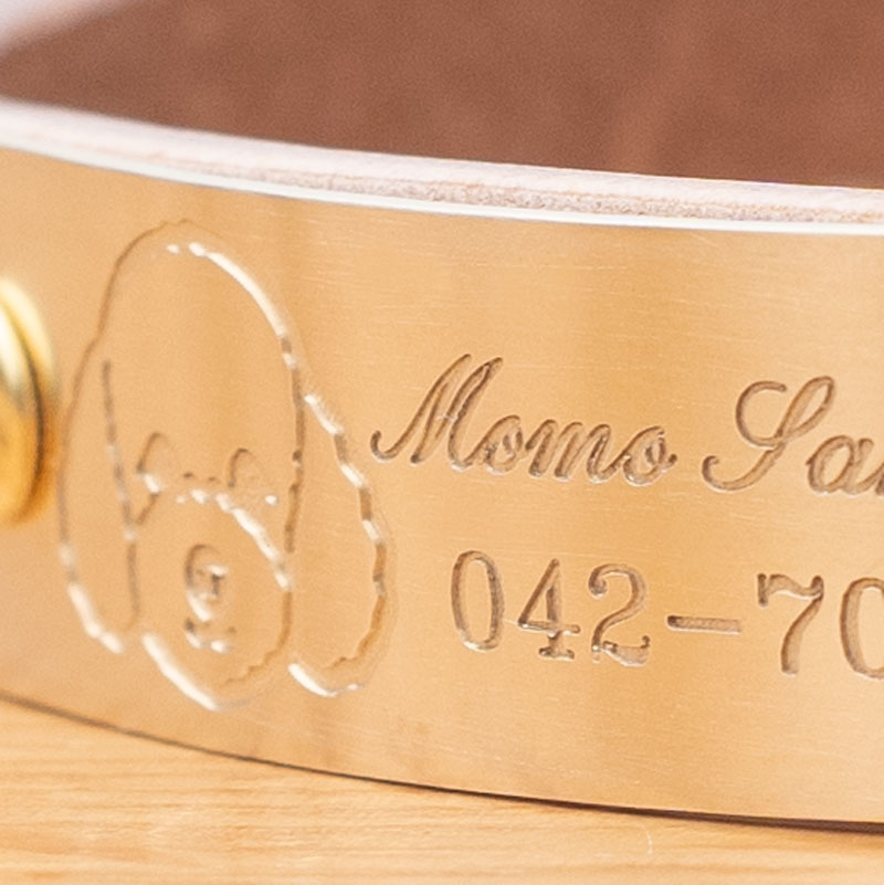 犬種別顔アイコン　切削彫刻　迷子札付首輪　おなまえ首輪　真鍮彫刻プレート付　本ヌメ革/本革　手仕上げ　　真鍮金具　首輪(小型犬・中型犬・大型犬)　A88900 