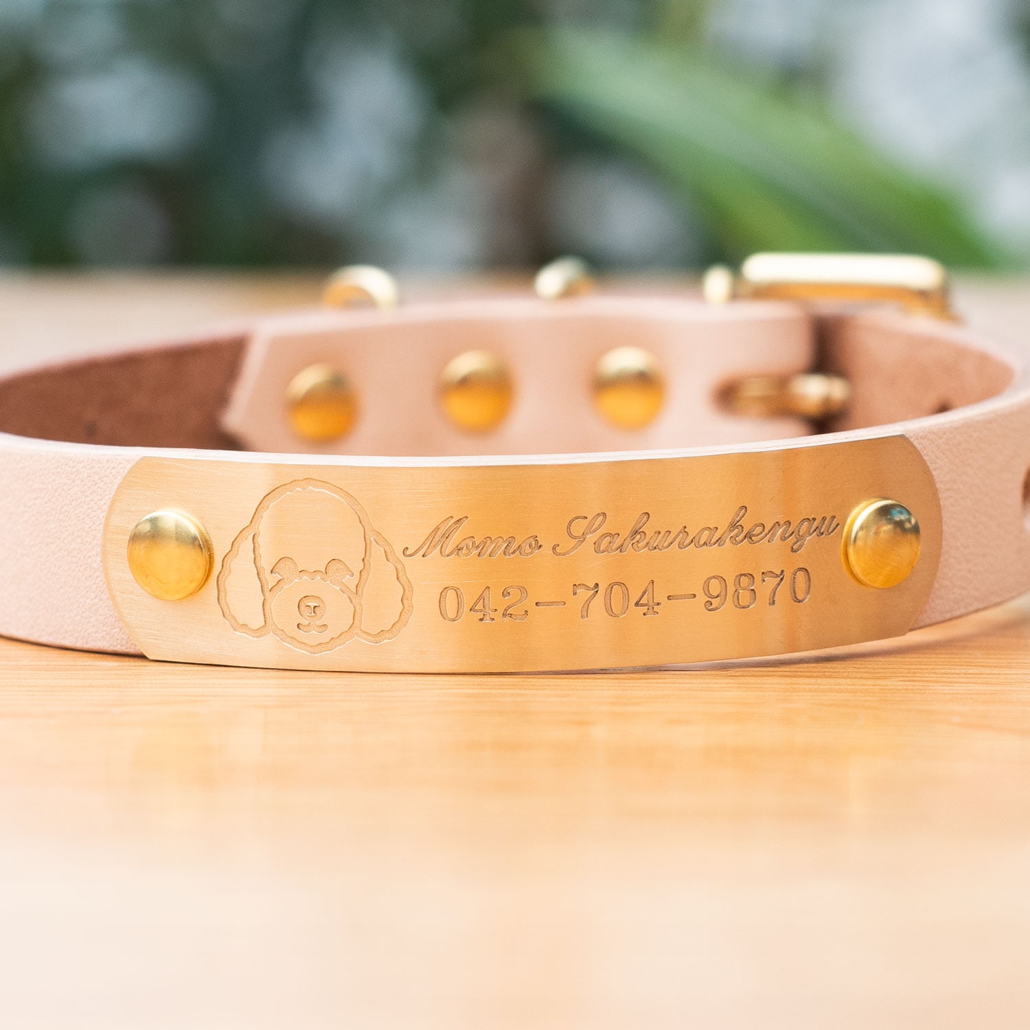 犬種別顔アイコン　切削彫刻　迷子札付首輪　おなまえ首輪　真鍮彫刻プレート付　本ヌメ革/本革　手仕上げ　　真鍮金具　首輪(小型犬・中型犬・大型犬)　A88900 