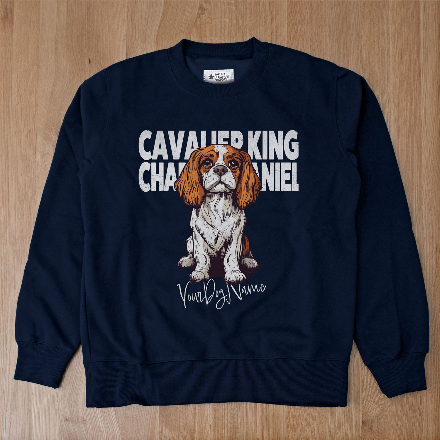 SAKURA DOGWARE FACTORY 名入れ　ユニセックス　クルーネックスウェット　ヴィンテージプリント　キャバリア・キング・チャールズ・スパニエル　8077