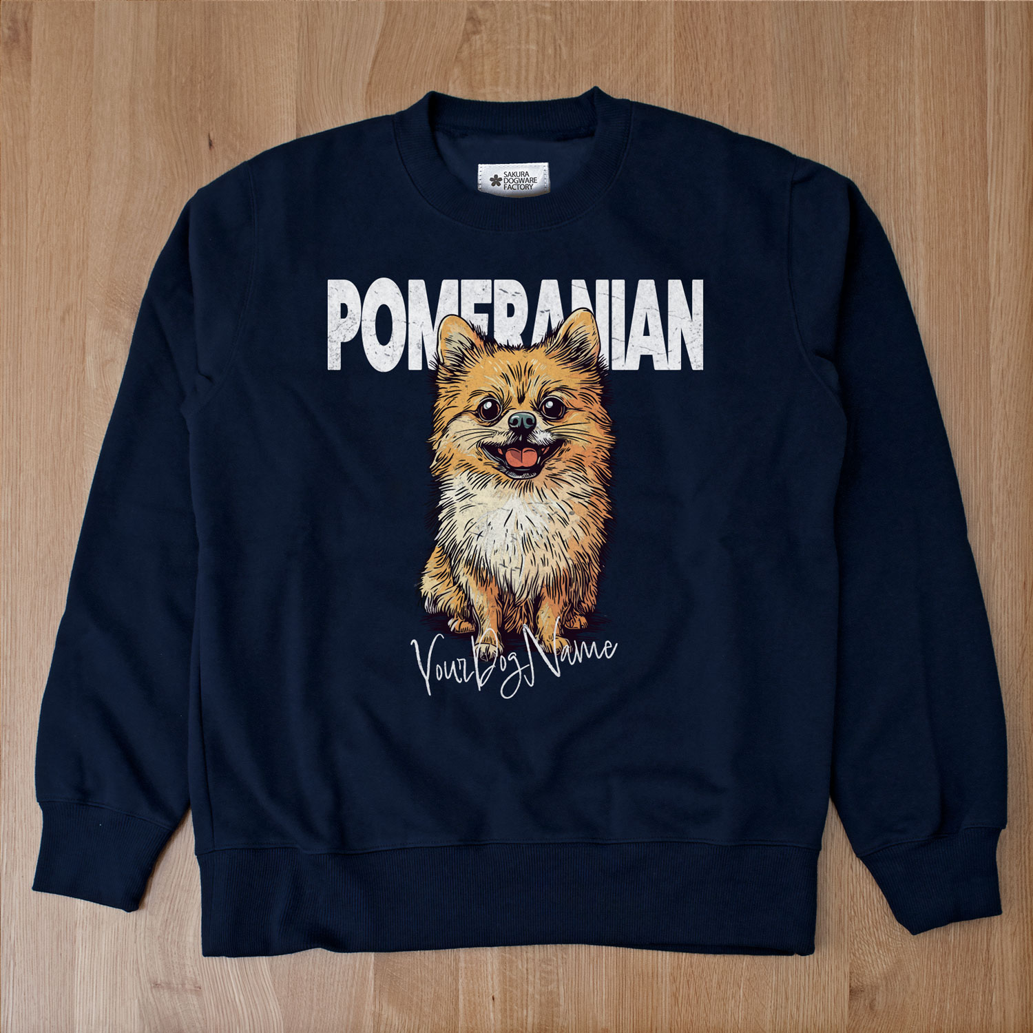 SAKURA DOGWARE FACTORY 名入れ　ユニセックス　クルーネックスウェット　ヴィンテージプリント　ポメラニアン　8081