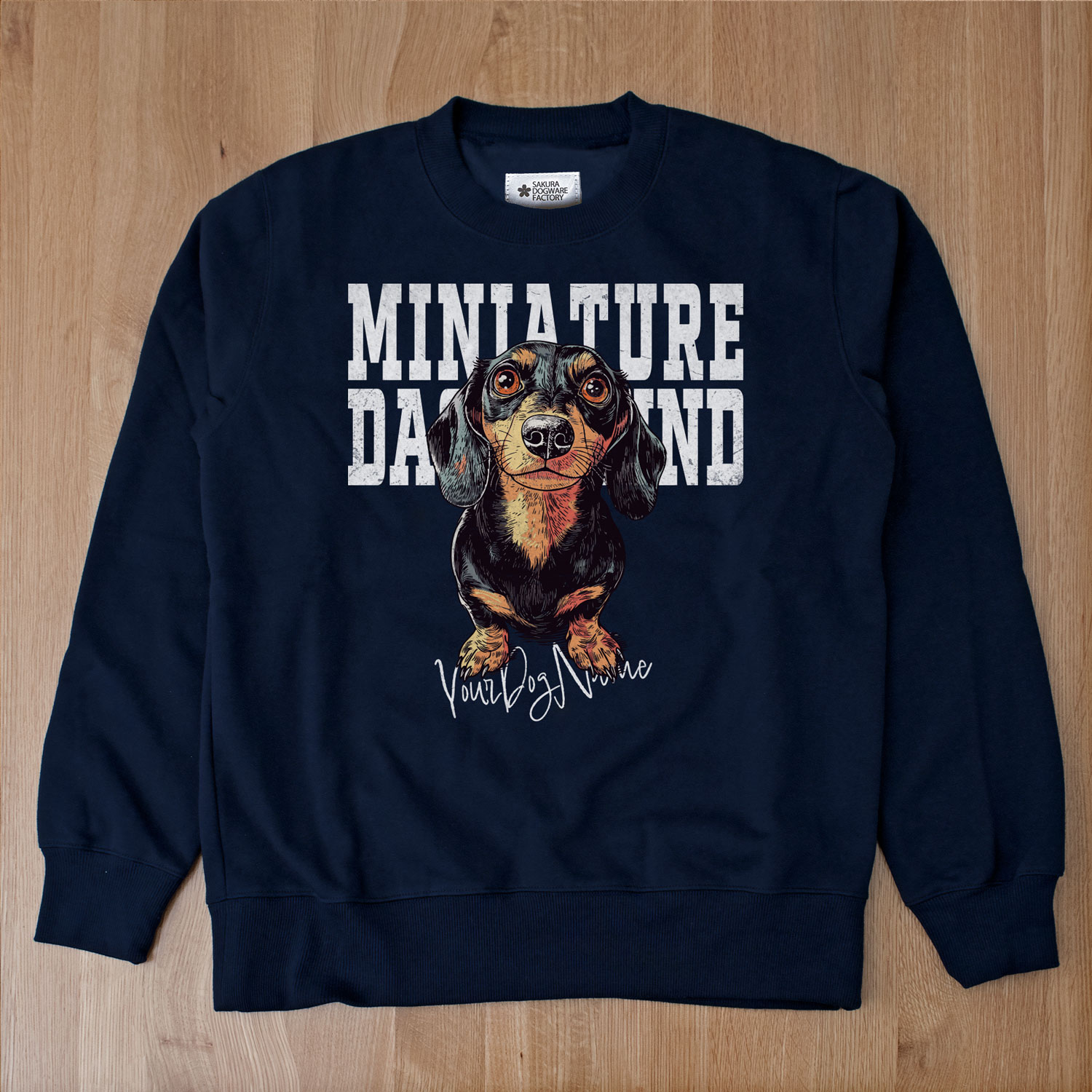 SAKURA DOGWARE FACTORY 名入れ　ユニセックス　クルーネックスウェット　ヴィンテージプリント　ミニチュアダックスフンド　8083