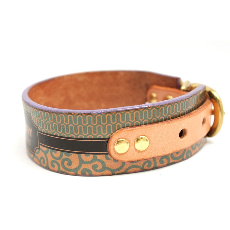 おなまえ首輪　名入れ・電話番号　グラフィックプリント　本革首輪　真鍮無垢金具 サイズSS～L ベルト幅30mm #33001-1