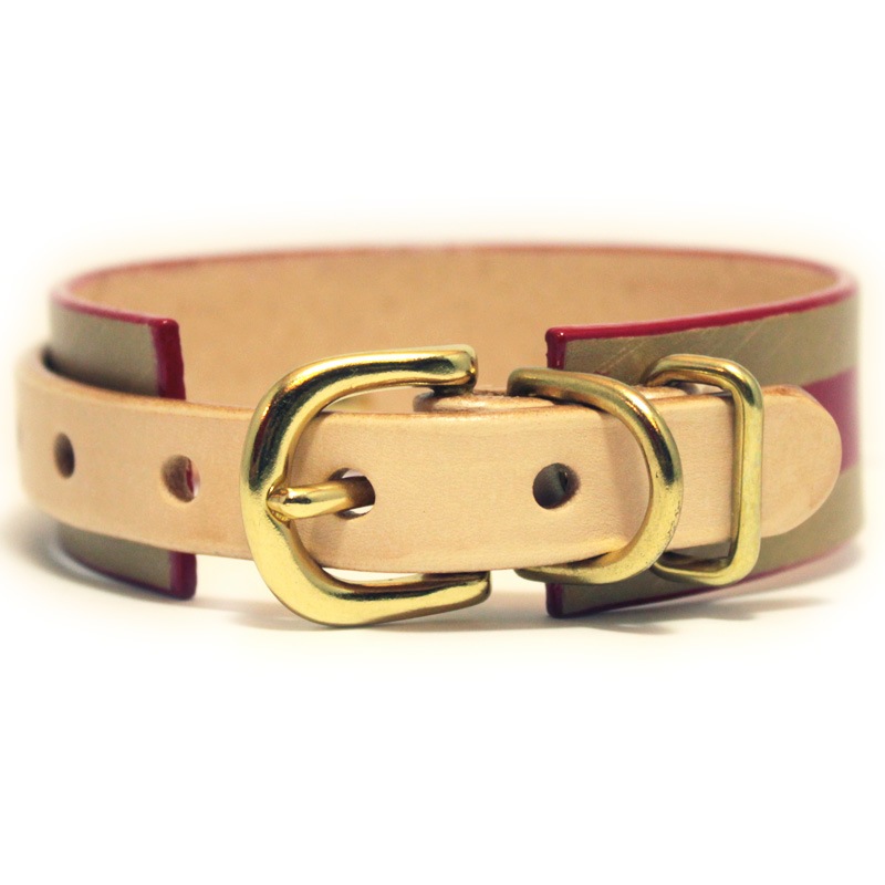 彫刻真鍮プレート付　おなまえ首輪　名入れ・電話番号　グラフィックプリント『Lucky Dog/福犬印』　本革首輪　真鍮無垢金具 サイズSS～L ベルト幅30mm #33044