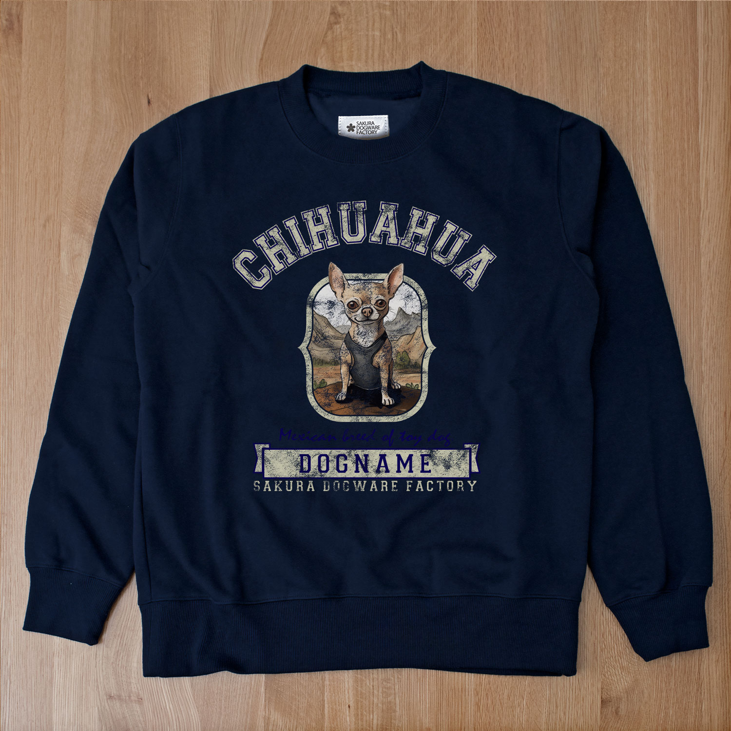 SAKURA DOGWARE FACTORY 名入れ　ユニセックス　クルーネックスウェット ヴィンテージ加工プリント チワワ　8043