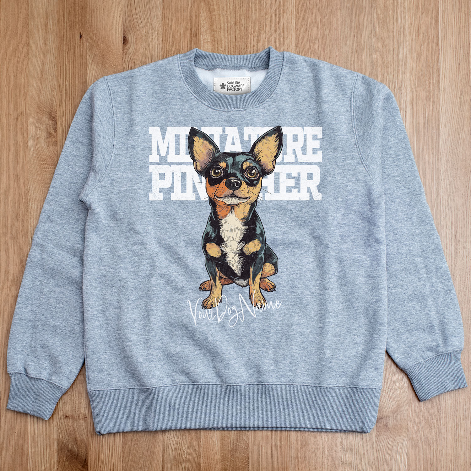 SAKURA DOGWARE FACTORY 名入れ　ユニセックス　クルーネックスウェット　ヴィンテージプリント　ミニチュアピンシャー　8084