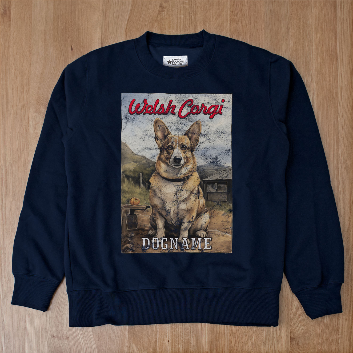 SAKURA DOGWARE FACTORY 名入れ　ユニセックス　クルーネックスウェット ヴィンテージ加工プリント ウェルシュ・コーギー　8045