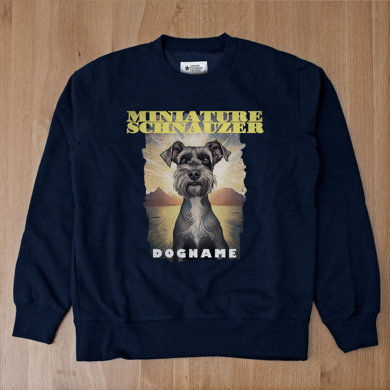 SAKURA DOGWARE FACTORY 名入れ　ユニセックス　クルーネックスウェット ヴィンテージ風プリント ミニチュアシュナウザー　8047
