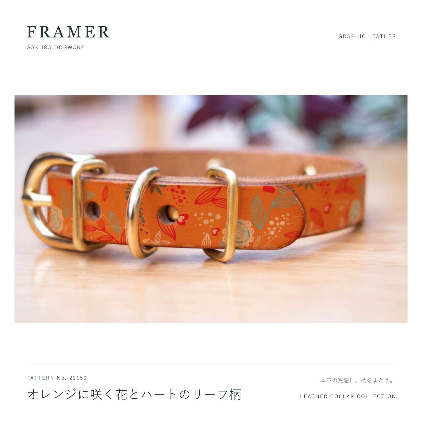 Framer 犬用首輪 本革・ヌメ革 真鍮金具 オレンジの花とハート柄 #23159