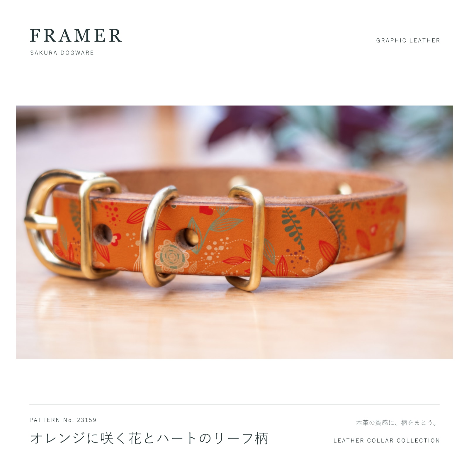 Framer 犬用首輪 本革・ヌメ革 真鍮金具 オレンジの花とハート柄 #23159